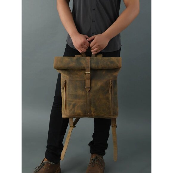 Vintage Brown Rugged Canvas Leather Roll Top Closure Adjustable Straps Backpack - Picture 1 of 10